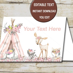 Girl Woodland Baby Shower, Editable Tent Cards Woodland Food Cards, Buffet Labels, Food tent card, Baby Shower, Printable - INSTANT  P72
