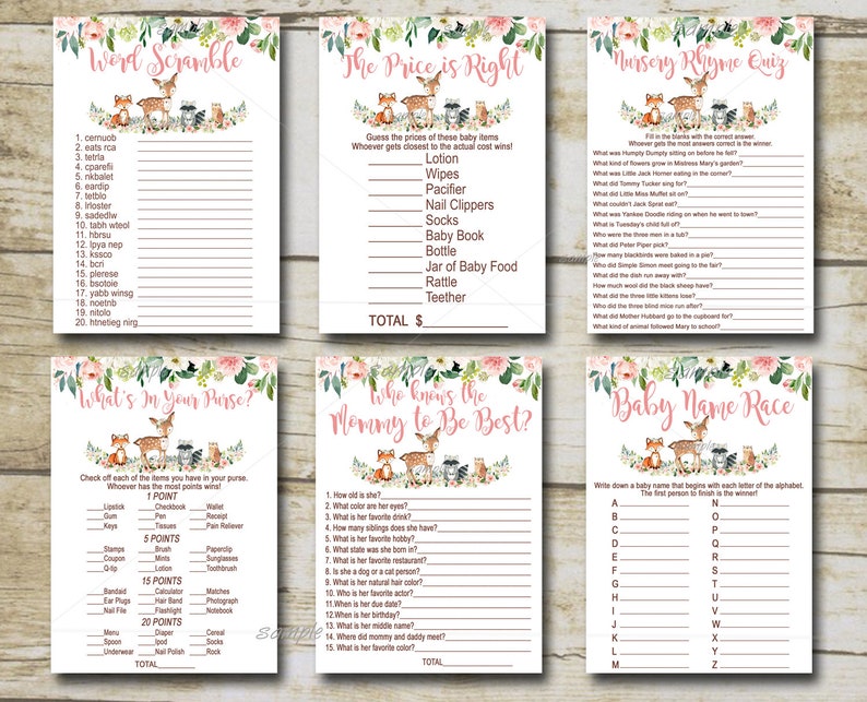 printable Instant Download P116 Pink forest animals Baby Shower Game party pack Woodland Baby Shower Girl Game Package 8 Printable Games