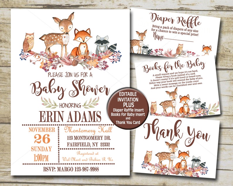 Editable Books for Baby Diaper Raffle inserts /& Thank You card package kit INSTANT DOWNLOAD P01 Woodland Animal Baby Shower Invitation kit