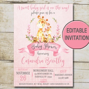 Pink Giraffe Baby Shower invitation, Girl Giraffe Baby Shower Editable invitation template Jungle Safari invite, INSTANT DOWNLOAD P34