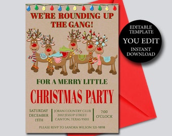 Weihnachtsfeier-Einladung, bearbeitbare Einladungsvorlage, lustige Rentier-Urlaubseinladung, die Sie bearbeiten, druckbare Einladung, sofortiger Download 020