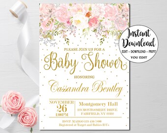 Blush Pink & Gold Baby Shower Invitation template, Editable, Girl Baby Shower invite INSTANT DOWNLOAD P55