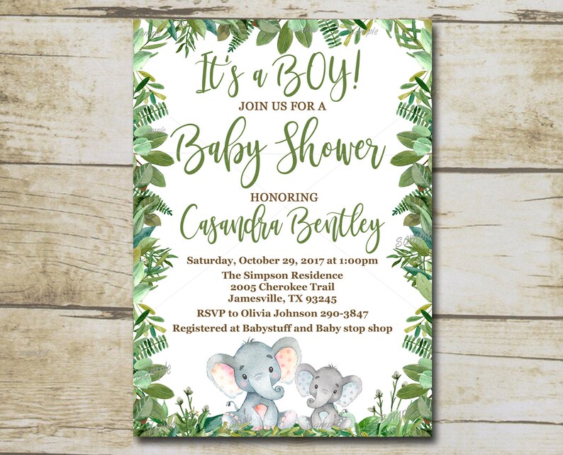Greenery Elephant Baby Shower Invitation kit Green Boy Etsy
