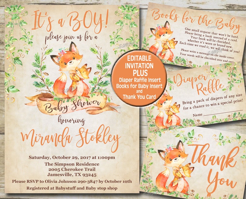 Fox Baby Shower Invitation Set Boy or Girl Editable - Etsy