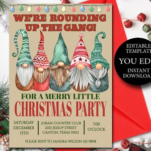 Gnomes Christmas Party Invitation, Editable Invite Template, Fun Holiday invitation YOU EDIT, Printable Invitation, Instant Download 160 162