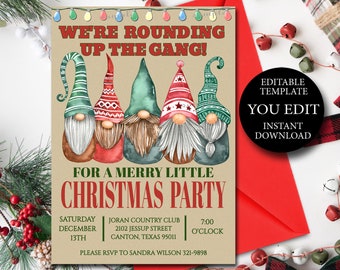 Gnomes Christmas Party Invitation, Editable Invite Template, Fun Holiday invitation YOU EDIT, Printable Invitation, Instant Download 160