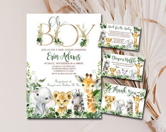 Oh Boy Safari Baby Shower Invitation bundle set, Editable invite template, Book for Baby, Diaper Raffle, Thank You, you print kit, P155