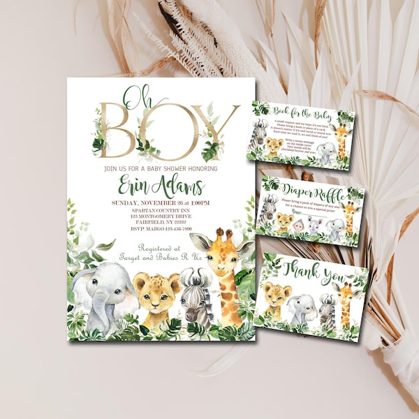 Oh Boy Safari Baby Shower Invitation bundle set, Editable invite template, Book for Baby, Diaper Raffle, Thank You, you print kit, P155