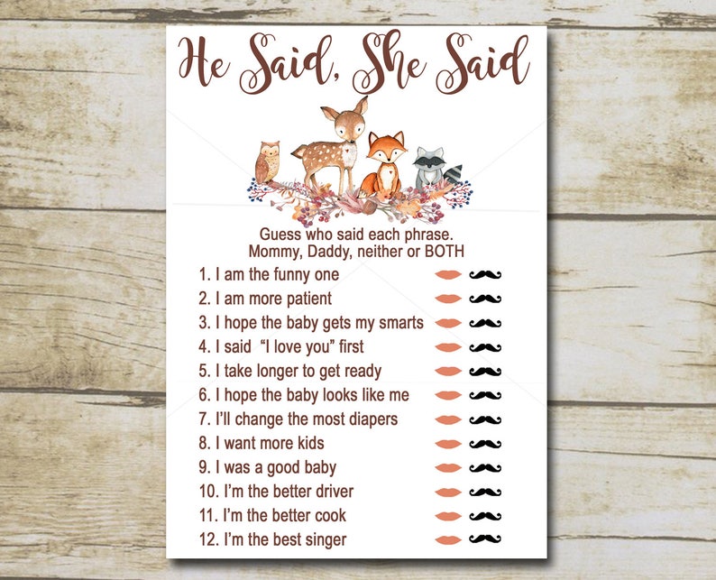 Woodland Baby Shower Game He Said She Said Game Mommy Or Etsy Woodland Baby Shower Game He Said She Said Game Mommy Or Etsy