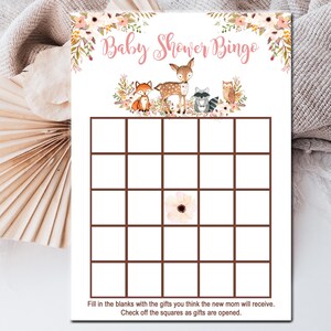Woodland baby shower bingo game, Girl Woodland Baby shower Game, Bingo cards, Woodland animals, Printable Instant download, P01A