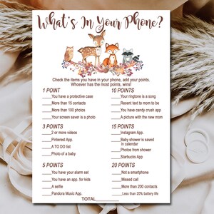 Woodland Baby Shower Game, Whats in Your Phone Game, Woodland Forest animals baby shower game, Printable Instant Download P01