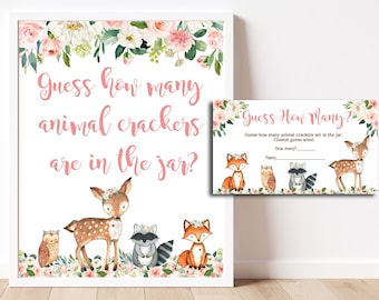 Girl Woodland Baby Shower Guess How Many Animals Guessing Game, Printable Woodland Animals Forest Animals Baby Shower INSTANT DOWNLOAD P116