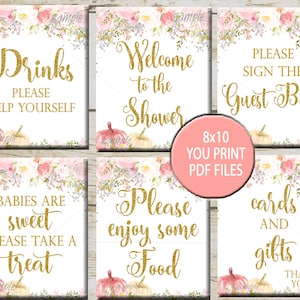 Pumpkin Baby Shower Signs, 6 Printable table signs, Pink Floral Fall Girl Baby Shower Guest Book Welcome, Drinks, Food, Gifts & Treats P101