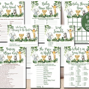 Peut inclure: Huit jeux de baby shower imprimables avec des illustrations d'animaux de la jungle. Les jeux comprennent&nbsp;: Nommer le b&eacute;b&eacute; animal, Qui conna&icirc;t le mieux la future maman, Course de noms de b&eacute;b&eacute;, M&eacute;lange de mots, Quiz de rimes de la cr&egrave;che, Le prix est juste, Bingo de baby shower et Qu'y a-t-il dans votre sac &agrave; main.