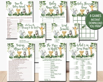 Paquete de juego neutral Safari Baby Shower, 8 juegos imprimibles, paquete de fiesta de juego Baby Shower de animales de la selva, descarga instantánea imprimible P155