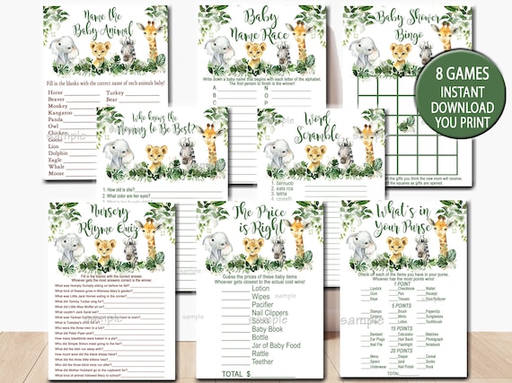 Safari Baby Shower Neutral Game Package, 8 Printable Games, Jungle animals Baby Shower Game party pack, printable Instant Download P155