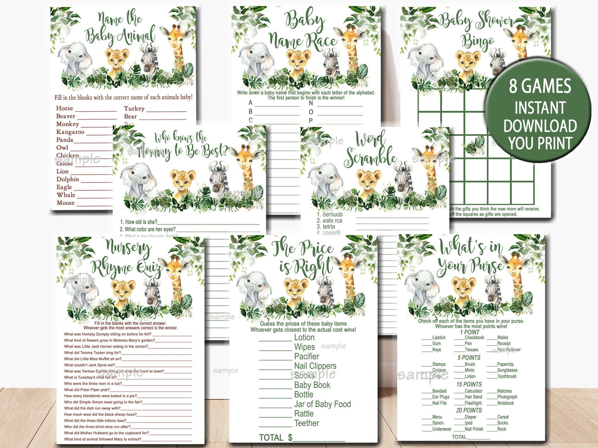 Safari Baby Shower Neutral Spiel Paket, 8 druckbare Spiele, Dschungel Tiere Baby Shower Spiel Party Pack, druckbare Sofort Download P155