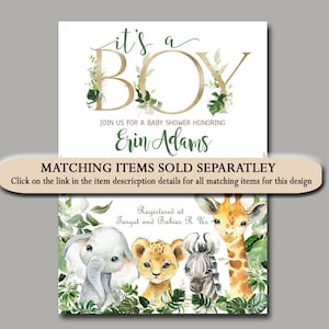 May include: It's a Boy baby shower invitation with a gold and green jungle theme. The invitation features a gold foil 'BOY' with green leaves and a giraffe, zebra, lion, and elephant. The text reads 'Join us for a baby shower honoring Erin Adams'.