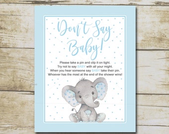 Don't Say Baby Elephant Baby Shower Game, Blue Boy elephant Diaper pin Game, Printable safari Baby Shower sign  INSTANT DOWNLOAD P28