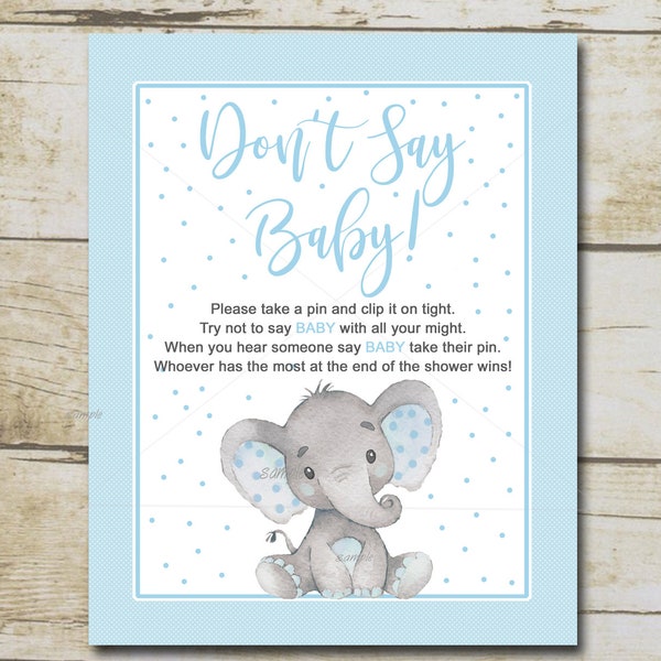 Don't Say Baby Elephant Baby Shower Game, Blue Boy elephant Diaper pin Game, Printable safari Baby Shower sign  INSTANT DOWNLOAD P28