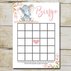 Juego de bingo Pink Girl Elephant Baby Shower, juego de baby shower de elefante floral, tarjeta de bingo, baby shower Safari, descarga instantánea imprimible P292