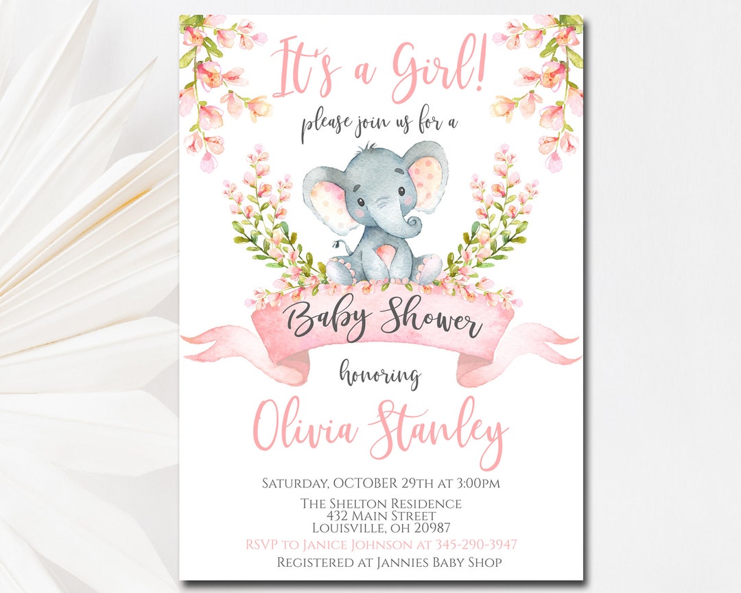 Pink Elephant Baby Shower Invitation Editable, It's a Girl Baby Shower ...