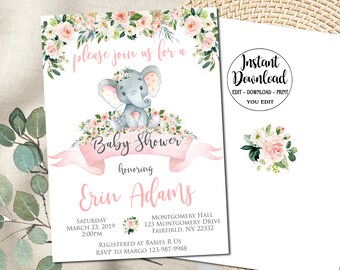 May include: Pink and white floral baby shower invitation with a cute gray elephant sitting on a pink ribbon. The invitation says "Please join us for a Baby Shower honoring Erin Adams".