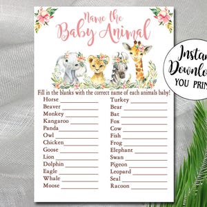 Girl Safari Baby Shower Game, Name The Baby Animals Game, pink jungle animals game quiz, name the animals, Printable Instant Download P156