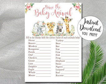 Girl Safari Baby Shower Game, Name The Baby Animals Game, pink jungle animals game quiz, name the animals, Printable Instant Download P156