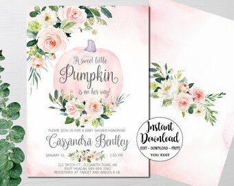 Pumpkin Girl Baby Shower Invitation, editable baby shower template, Sweet little pumpkin blush pink floral, You Edit INSTANT DOWNLOAD P149