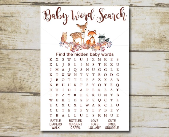 Woodland Baby Shower Game, Word Search Game, Woodland Forest.