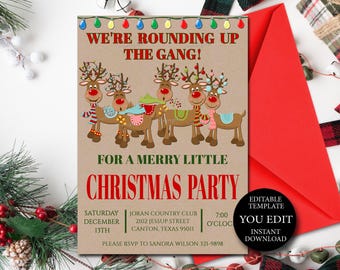 Christmas Party Invitation, Office Party Invitation, Round Up the Gang Editable Christmas Invitation, Holiday Party Instant Download 020