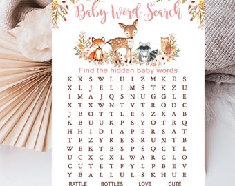 Floral Woodland Baby Shower Game, Word Search Game, Girl Woodland Forest animals baby shower, Printable Instant Download P01A