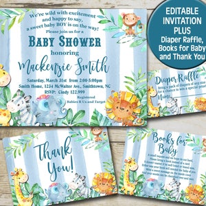 Boy Safari Baby Shower Invitation kit, Editable invite template Books for Baby, Diaper Raffle & Thank You, Blue Jungle Baby Shower set  P36