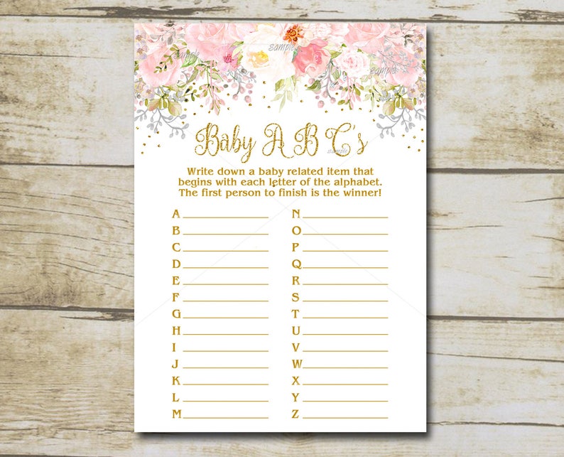 Pink & Gold Baby Shower Game, Baby ABC's game, Girl floral Blush pink Watercolor flowers baby shower game, Printable Instant Download P55 image 1