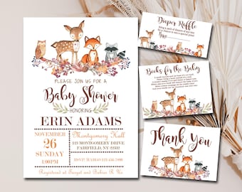 Op de afbeelding: Babyshower briefpapier set met illustraties van bosdieren. De uitnodiging bevat details voor Erin Adams' babyshower op 26 november. Extra kaarten zijn onder meer een luierloterij, boeken voor de baby en bedankkaartjes.