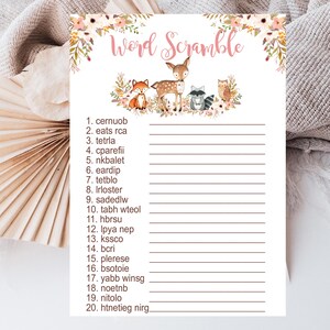 Floral Woodland Baby Shower Game, Word Scramble Game, Pink Girl Woodland Forest animals baby shower, Printable Instant Download P01A
