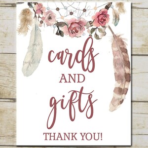 Dreamcatcher Baby Shower cartes et cadeaux signe, signe de Table de carte, signe de Table de cadeaux, Boho plumes florales signes de douche Téléchargement instantané P70