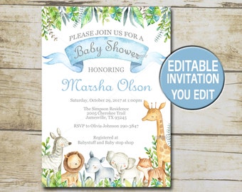 Safari Baby Shower Invitation template, Editable invitation, YOU EDIT Blue Boy Printable invite forest animals, Jungle Animals INSTANT P135