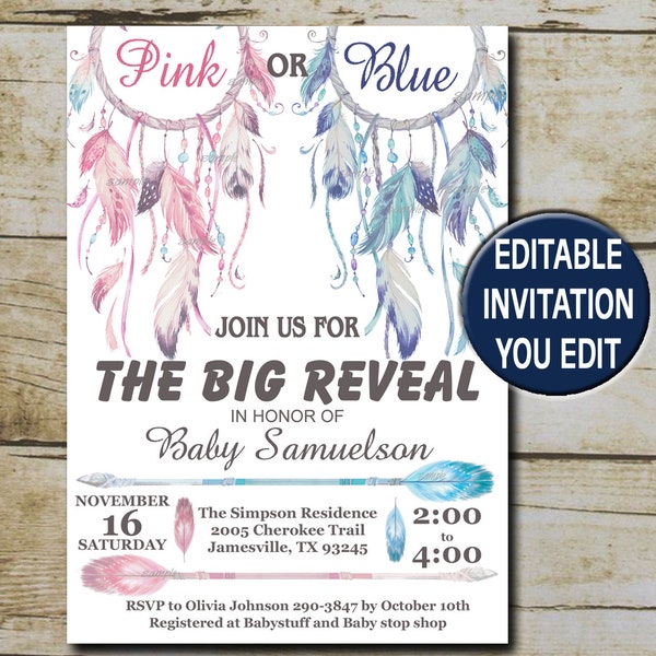 Boho Gender Reveal Baby Shower Invitation template, Dreamcatcher Tribal, Boy or Girl, He or She, Pink or Blue Editable Invitation P93