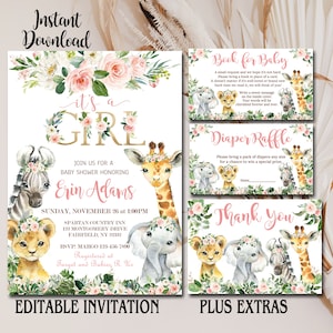Editable Girl Safari Baby Shower Invitation bundle set, invite template, Plus Book for Baby, Diaper Raffle, Thank You, you print kit, P158