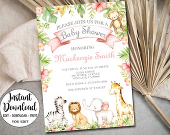 Safari Baby Shower Invitation, Editable invitation You Edit, Girl Pink Safari Baby Shower, Jungle animals baby shower, INSTANT DOWNLOAD P122