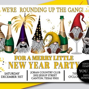 New Year's Party Invitation, Gnomes Funny Holiday invitation Editable digital template, YOU EDIT, Printable Invitation, Instant Download 165