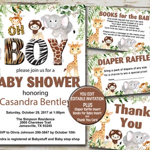 BOY Safari Baby Shower Invitation set, Jungle animals Editable invite template, Books for Baby, Diaper Raffle & Thank You, Baby Shower  P88