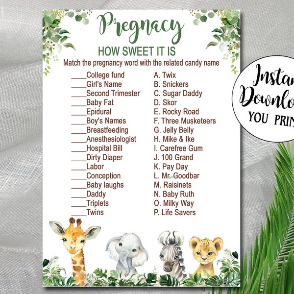 Safari Baby Shower Pregnancy, How sweet it is game  Greenery Gender neutral Boy or Girl  jungle animals Printable Instant Download P155