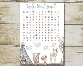 Boy Woodland Baby Shower Game, Word Search Game, Blue Boho Woodland Forest animals baby shower, Printable Instant Download P107