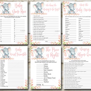 Paquet de jeu de douche de bébé éléphant fille ensemble de 6 pack de jeux de douche de bébé safari éléphant rose imprimable, imprimable Téléchargement instantané P292