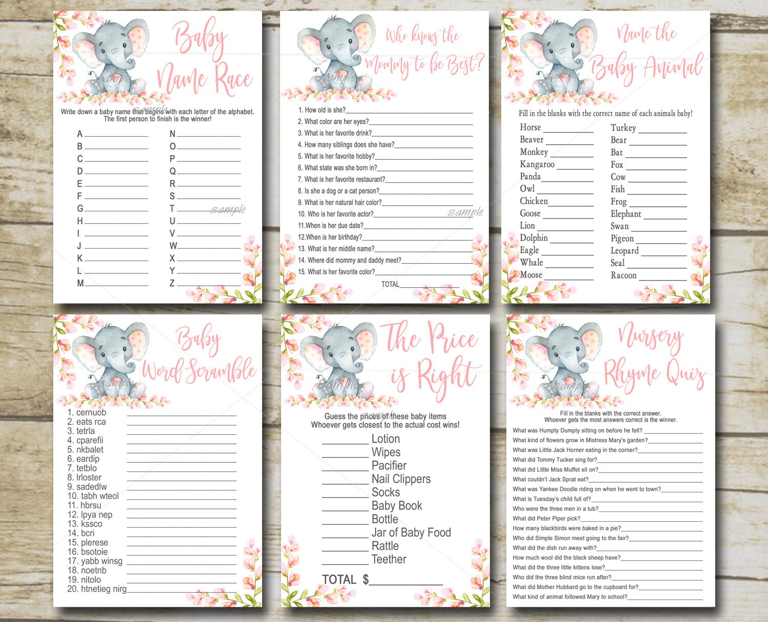 Elephant Baby Shower Games Package Set 8 Printable Girl Pink | Etsy