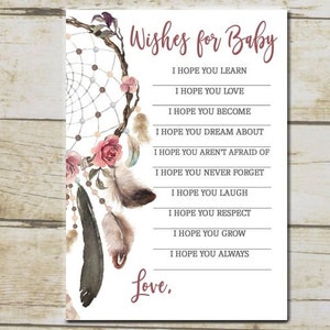 Dreamcatcher Baby Shower, Deseos para Baby Sign & Card, Bebé desea Baby Shower Juego, Plumas Floral Boho IMPRIMIBLE DESCARGA INSTANTÁNEA P70