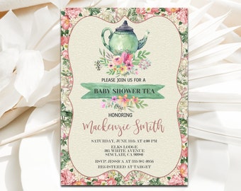 Baby Shower Tea Party Invitation template, Editable, You Edit, Floral Baby Shower Tea party, Shabby Chic baby shower, INSTANT DOWNLOAD P89